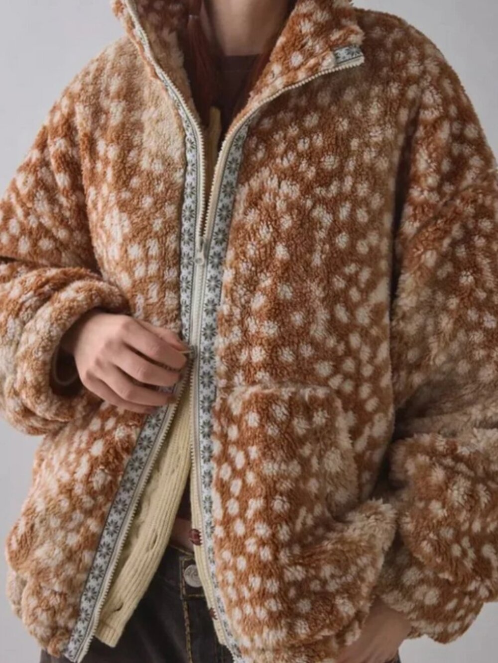 BDG Mae Urban Outfitters Piled Fleece Zip-Up Jacket, Fawn Print, Size XXS, NWT